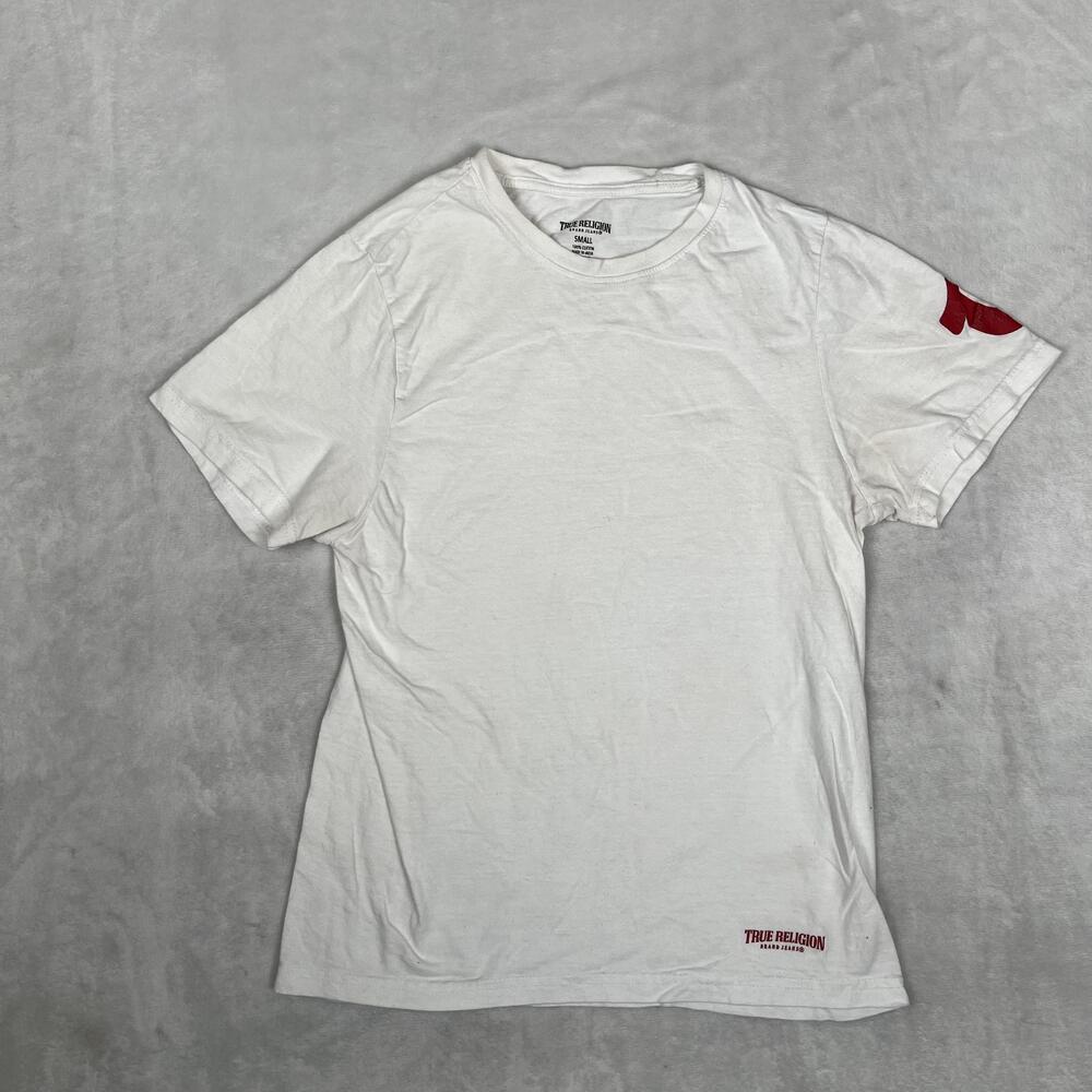 True Religion T-Shirt Mens Small White Horseshoe Sleeve Logo Graphic Tee Y2K